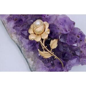 Vintage Crown Trifari Goldtone Rose Brooch with Faux Pearl Center